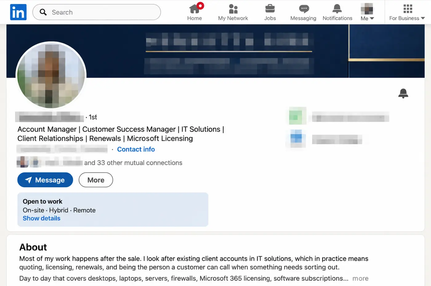 Anonymized LinkedIn profile showing clear Account Management and Customer Success positioning