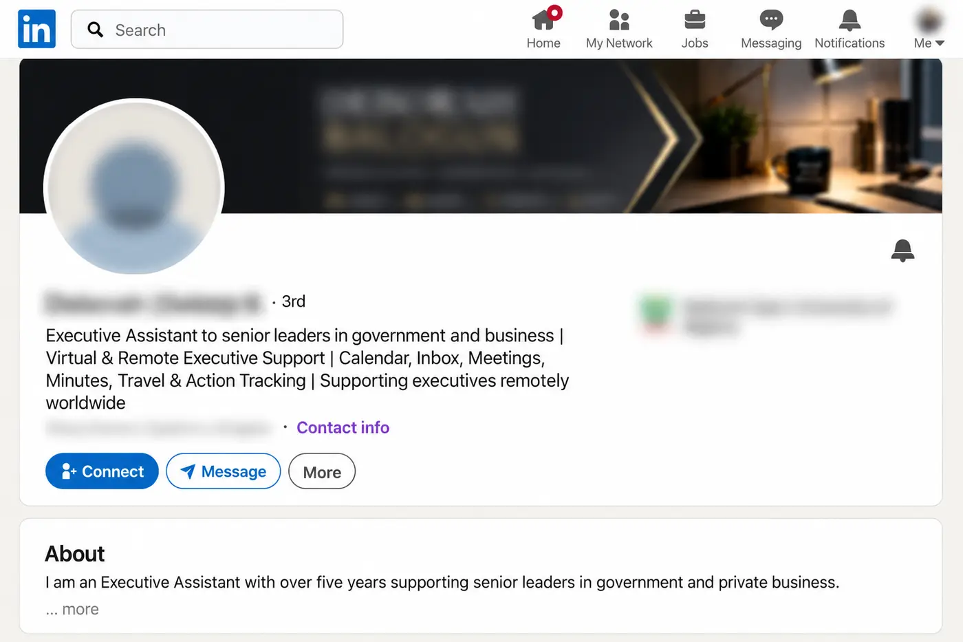 Anonymized LinkedIn profile showing clear Executive Support and Operations positioning