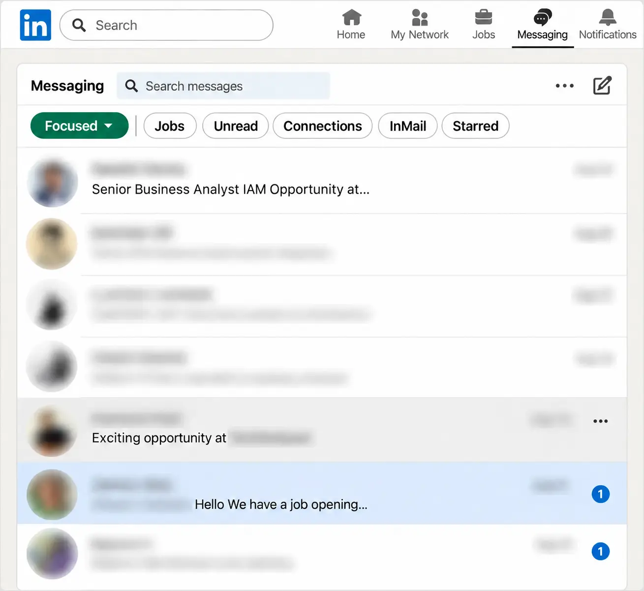 Anonymized LinkedIn inbox showing job-related recruiter and hiring messages